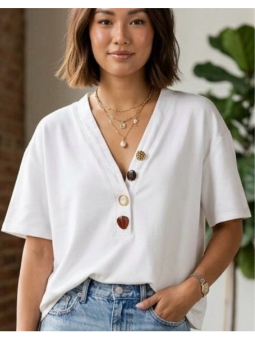 Zara White Ribbed Henley V-Neck Blouse Faux Tortoiseshell Statement Button 2111